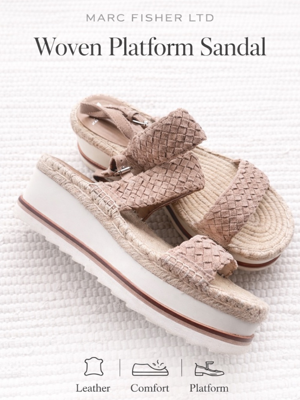 Marc Fisher LTD Woven Leather Platform Sandal Beige Sz 8.5 Espadrille